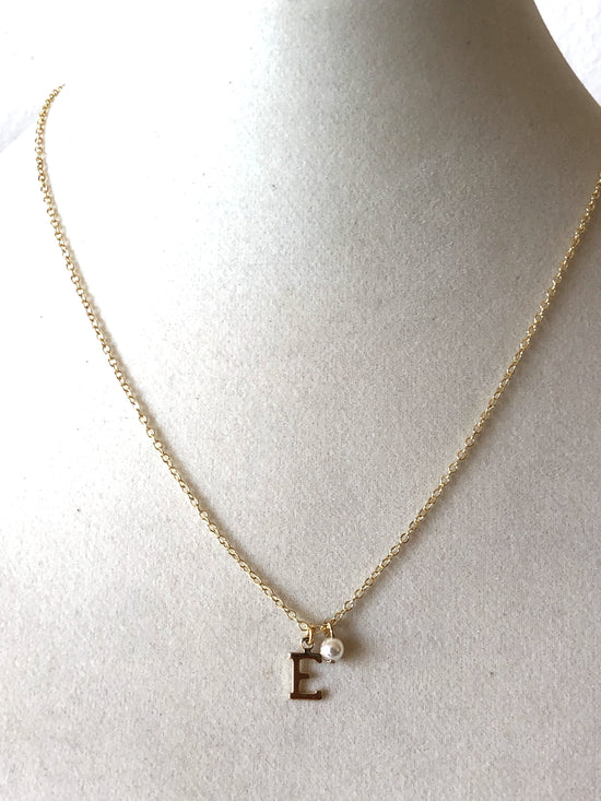 Lisette Initial Necklace with Pearl Drop-Gold