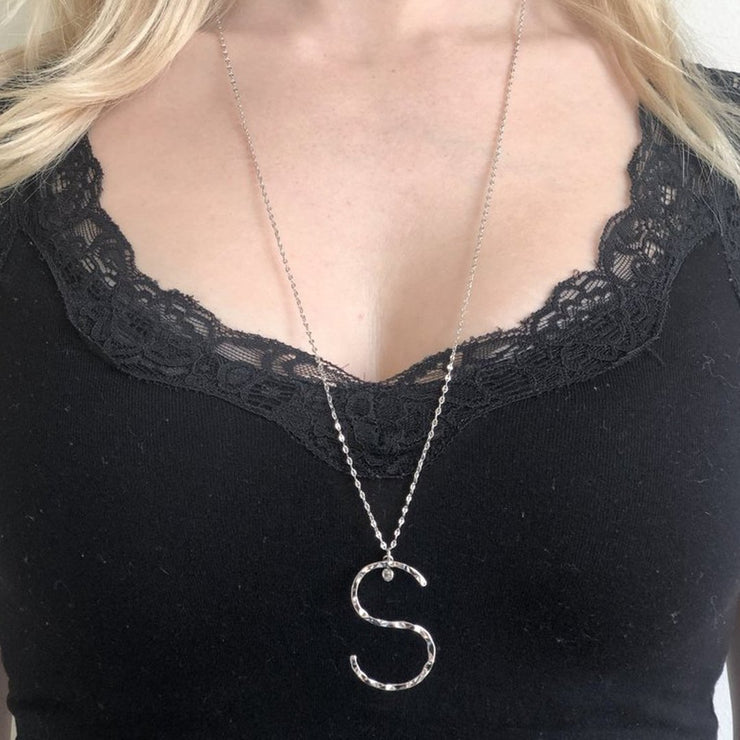 Hammered Long Initial Necklace