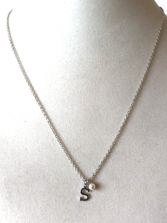 Lisette Initial Necklace with Pearl Drop-Silver